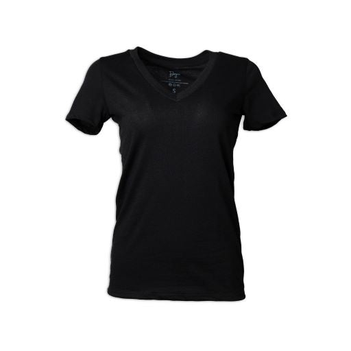 Women's Woodstock V-Neck T-Shirt in Black.